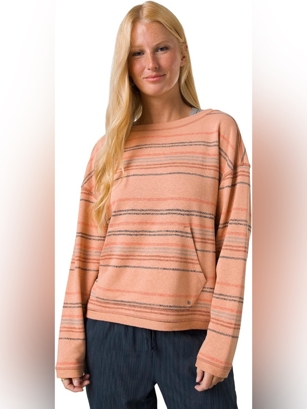 Prana Orange Cozy Up Suncation Canvas Multi Stripe Sweatshirt, Size Medium